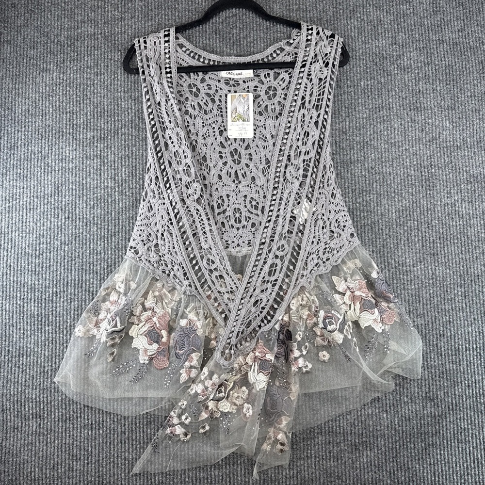 ORIGAMI by Vivien Lace Sheer Crochet Vest Boho, Shabby Chic Fairy Women's  S/M